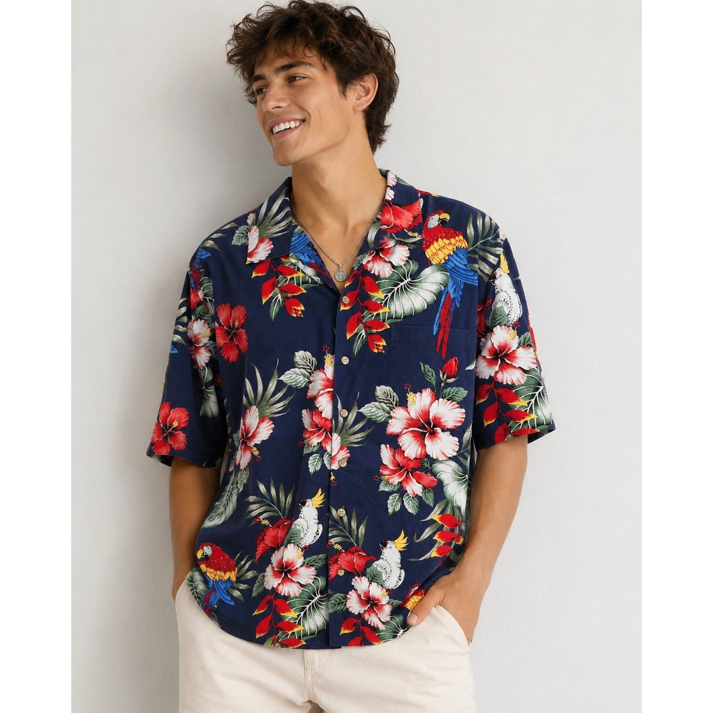 Vintage Hawaii Mens XL Aloha Shirt Navy Blue Parrot Hibiscus Floral Cotton